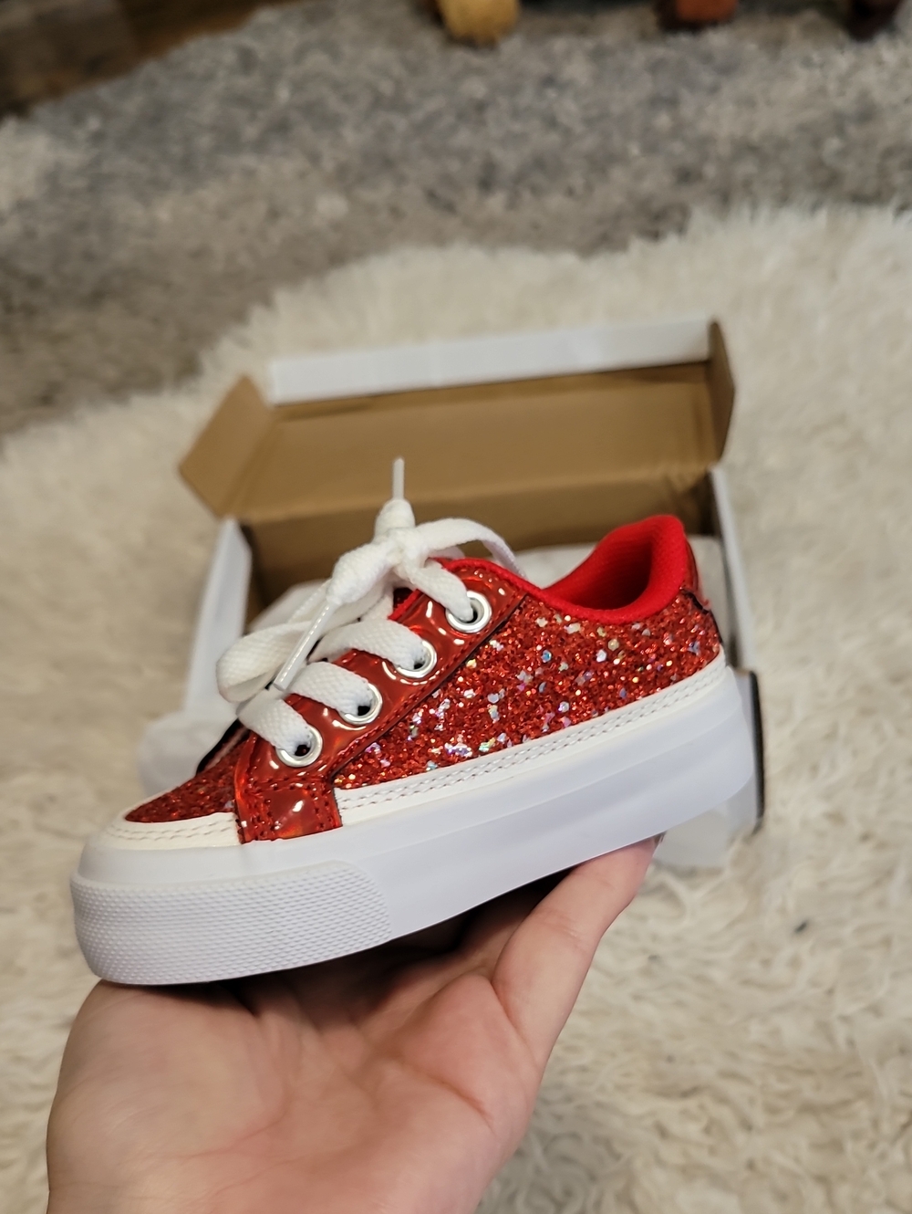 SHEIN Kids Red Glitter Lace-Up Platform Sneakers
